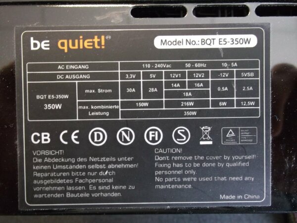 Be Quiet BQT E5 350 Watt BQT E5-350W ATX Netzteil 350 Watt (BN032)   #27730
