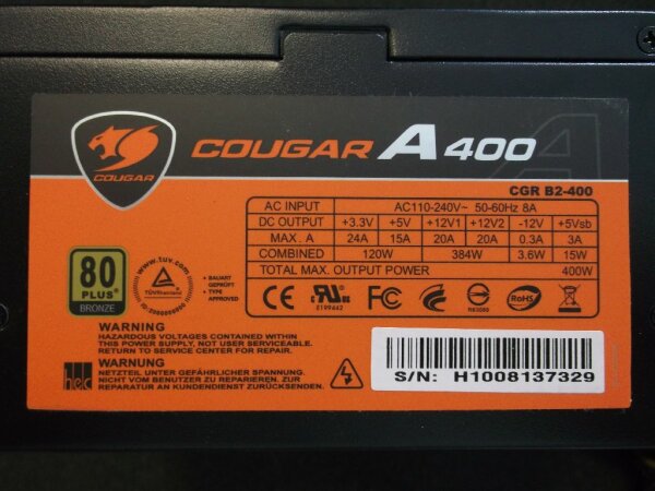 Cougar A400 80+ 400 Watt Netzteil   #27745