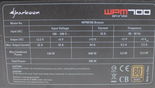 Sharkoon WPM700 Bronze 700W ATX Netzteil 700 Watt 80+ modular   #127457