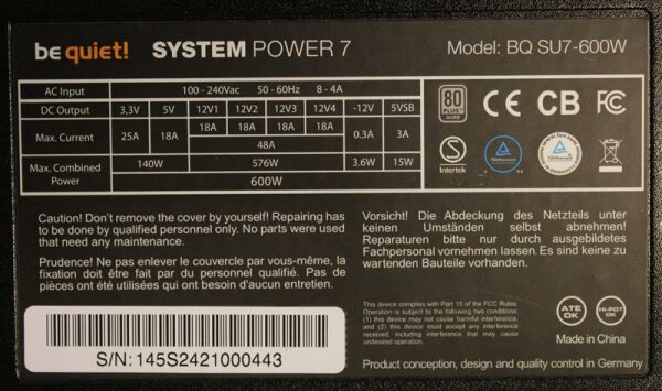 Be Quiet System Power 7 600W (BN145) ATX Netzteil 600 Watt 80+   #37153
