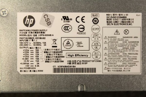 HP DPS-600WB A  633186-001 633186-002 600 Watt Netzteil   #69167