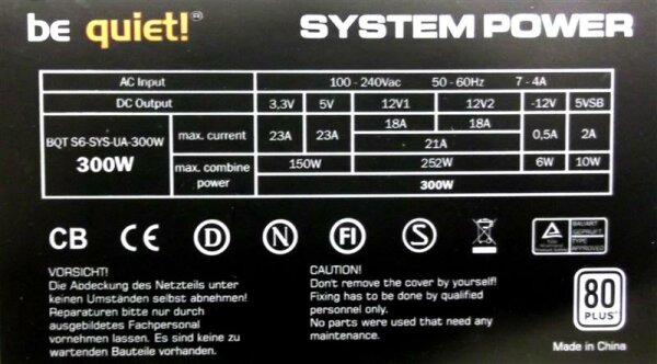 Be Quiet System Power S6 80Plus 300W (BN080) ATX Netzteil 300 Watt 80+   #35639