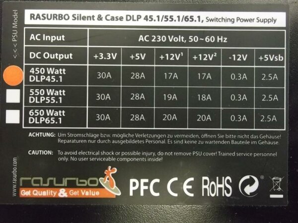 Rasurbo Silent & Case DLP45.1 ATX Netzteil 450 Watt   #33604