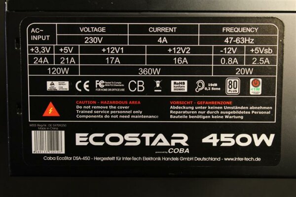 Inter Tech Coba Ecostar 450W 80 Plus ATX Netzteil 450 Watt 80+   #37959