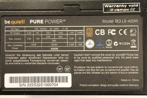 Be Quiet Pure Power L8 400W (BN222) ATX Netzteil 400 Watt 80+   #91484