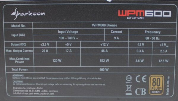 Sharkoon WPM600 80 Plus Bronze 600 Watt 80+ modular  #38771