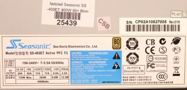 Seasonic SS-400ET Active PFC F3 80 Plus 400 Watt 80+   #75381