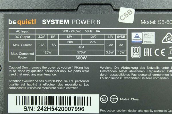 Be Quiet System Power 8 600W (BN242) ATX Netzteil 600 Watt 80+   #111737