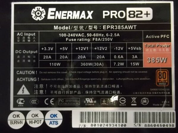 Enermax PRO82+ 385W (EPR385AWT) ATX Netzteil 385 Watt 80+ Bronze  #28547
