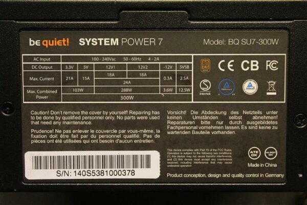 Be Quiet System Power 7 300W (BN140) ATX Netzteil 300 Watt 80+   #40076