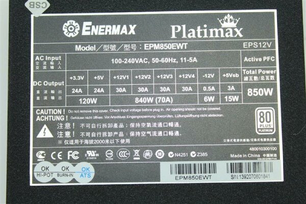Enermax Platimax EPM850EWT 850W ATX Netzteil 850 Watt 80+   #117145