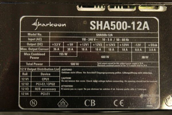 Sharkoon SHA500-12A ATX Netzteil 500 Watt   #28841