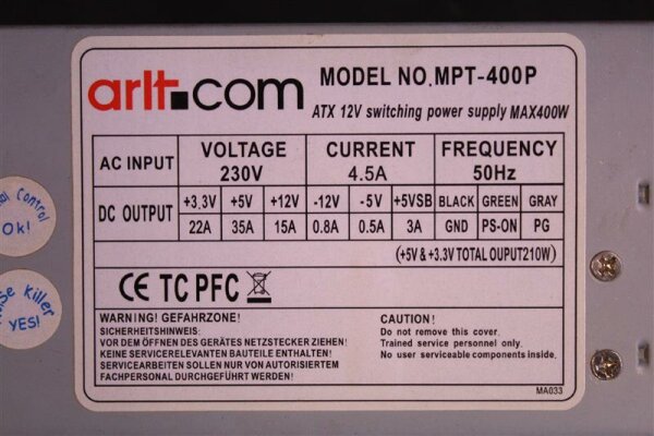 ARLT MPT-400P ATX Netzteil 400 Watt   #83891