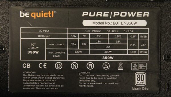 Be Quiet Pure Power L7 350W (BN104) ATX Netzteil 350 Watt 80+   #30392