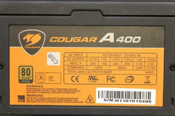 Cougar A400 80+ 400 Watt Netzteil   #42452