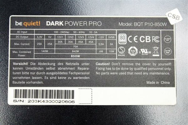 Be Quiet Dark Power Pro P10 850W (BN203) Netzteil 850 Watt modular 80+   #146954