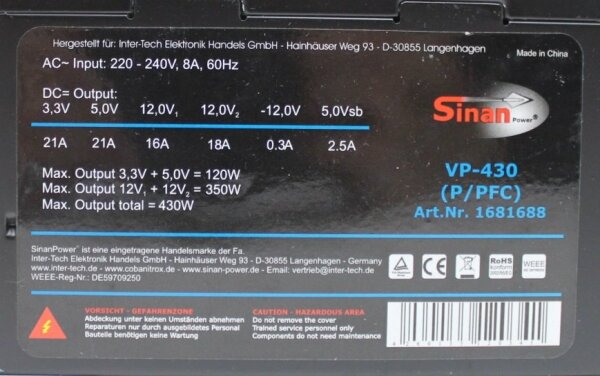 Inter-Tech SinanPower VP-430 ATX Netzteil 430 Watt    #156762