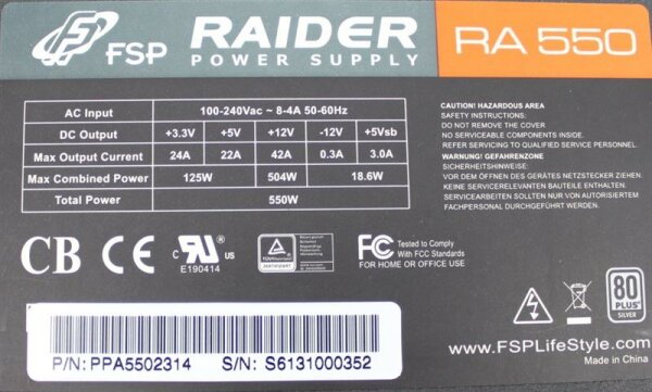 FSP Fortron / Source Raider RA 550 ATX Netzteil 550 Watt 80+  #301039