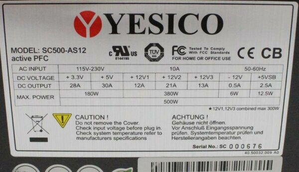 Yesico SC500-AS12 ATX Netzteil 500 Watt  #301158