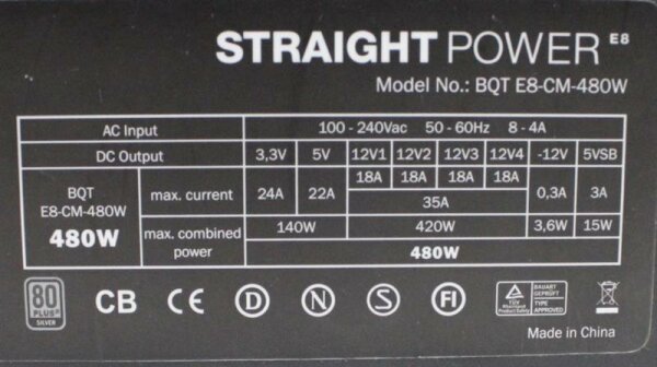 Be Quiet Straight Power E8 CM 480W (BN161) Netzteil 480 Watt 80+ modular #301296