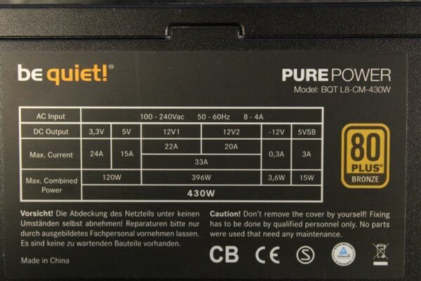 Be Quiet Pure Power L8-CM-430W (BN180) ATX Netzteil 430 Watt 80+ modular #301710