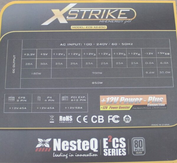 Nesteq X-Strike ECS XS-850 ATX Netzteil 850 Watt teilmodular 80+  #302464
