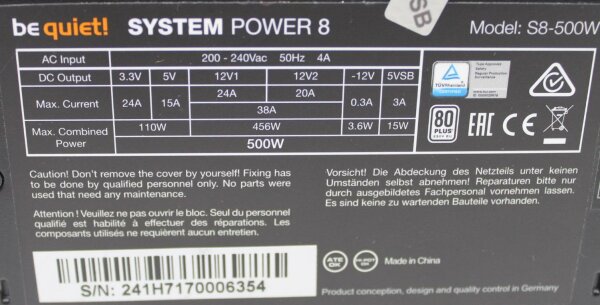 Be Quiet System Power 8 S8-500W ATX Netzteil 500 Watt (BN241) 80+  #303207