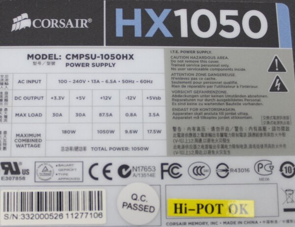 Corsair Professional Series HX1050 ATX Netzteil 1050 Watt 80+ modular   #303464