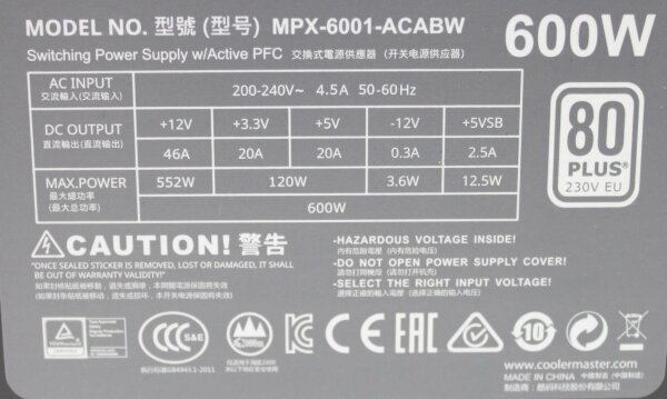 Cooler Master MasterWatt Lite ATX Netzteil 600 Watt MPX-6001-ACABW 80+ #303700