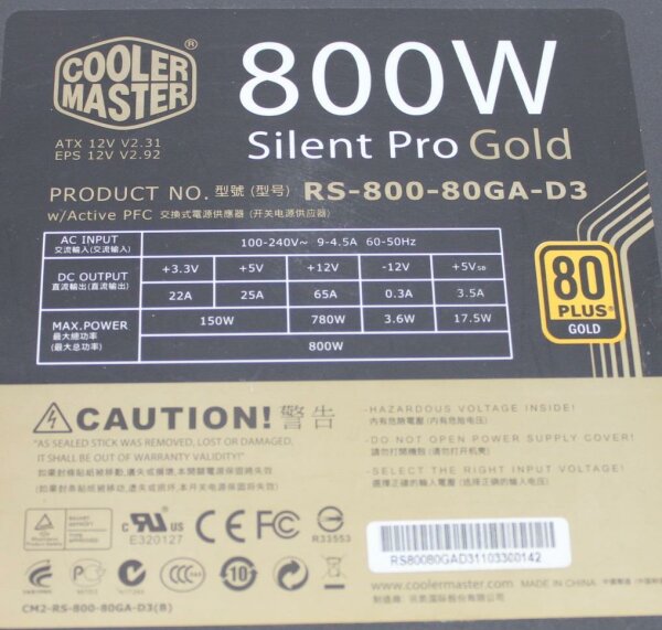 Cooler Master 800W Silent Pro Gold ATX Netzteil 800 Watt modular 80+   #303833