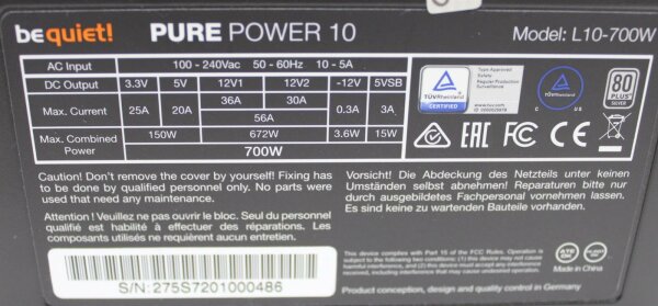 Be Quiet Pure Power 10 ATX Netzteil 700 Watt (BN275 L10-700W) 80+  #304631