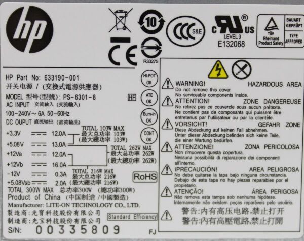 Lite-On PS-6301-8 ATX Netzteil (HP: 633190-001) 300 Watt  #305029