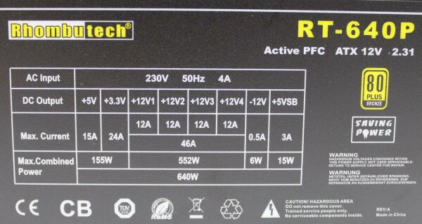 Rhombutech RT-640P ATX Netzteil 640 Watt 80+   #305101