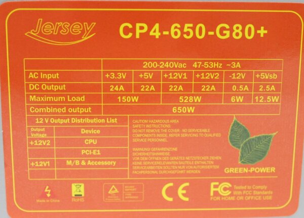 Jersey CP4-650-G80+ ATX Netzteil 650 Watt   #305746
